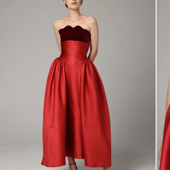 Nafsika Skourti Dresses & Skirts - Strapless Red Maxi Dress with Scalloped Bodice